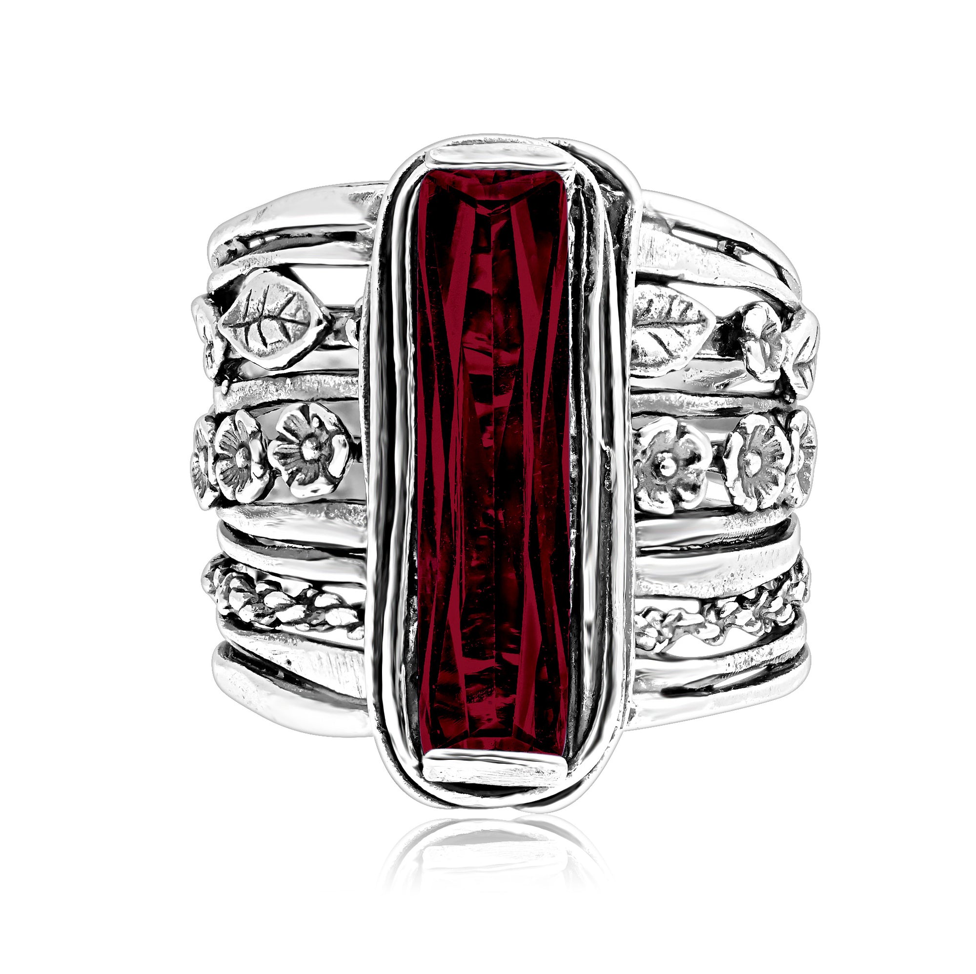 Sterling Silver Baguette Garnet CZ Floral Ring