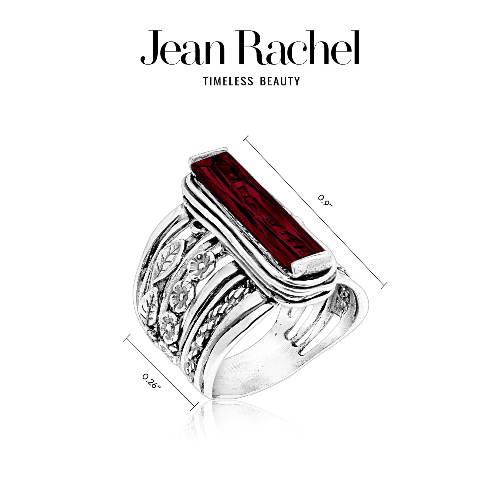 Sterling Silver Baguette Garnet CZ Floral Ring