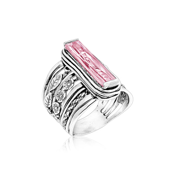 Sterling Silver Baguette Pink CZ Floral Ring