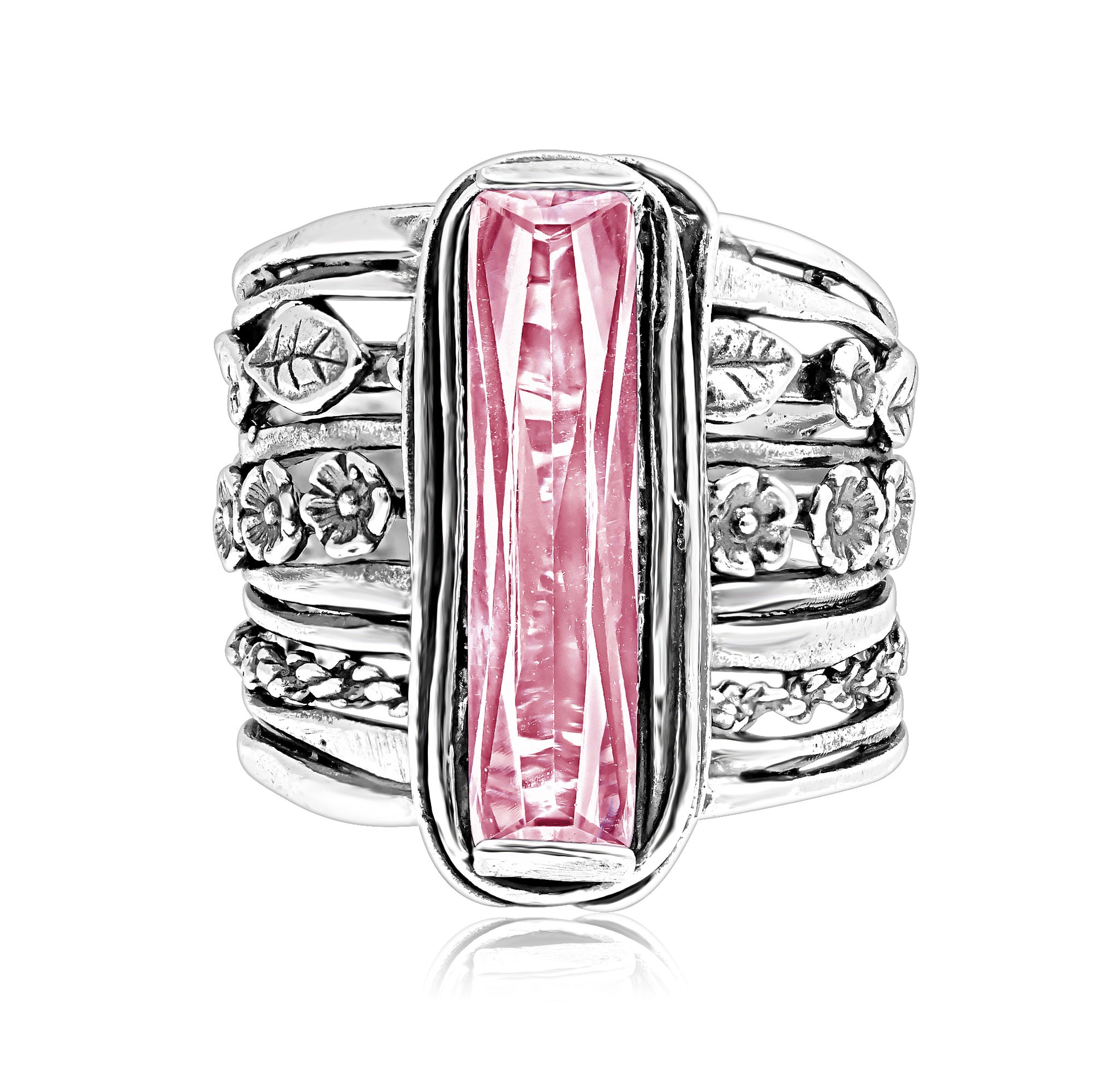 Sterling Silver Baguette Pink CZ Floral Ring