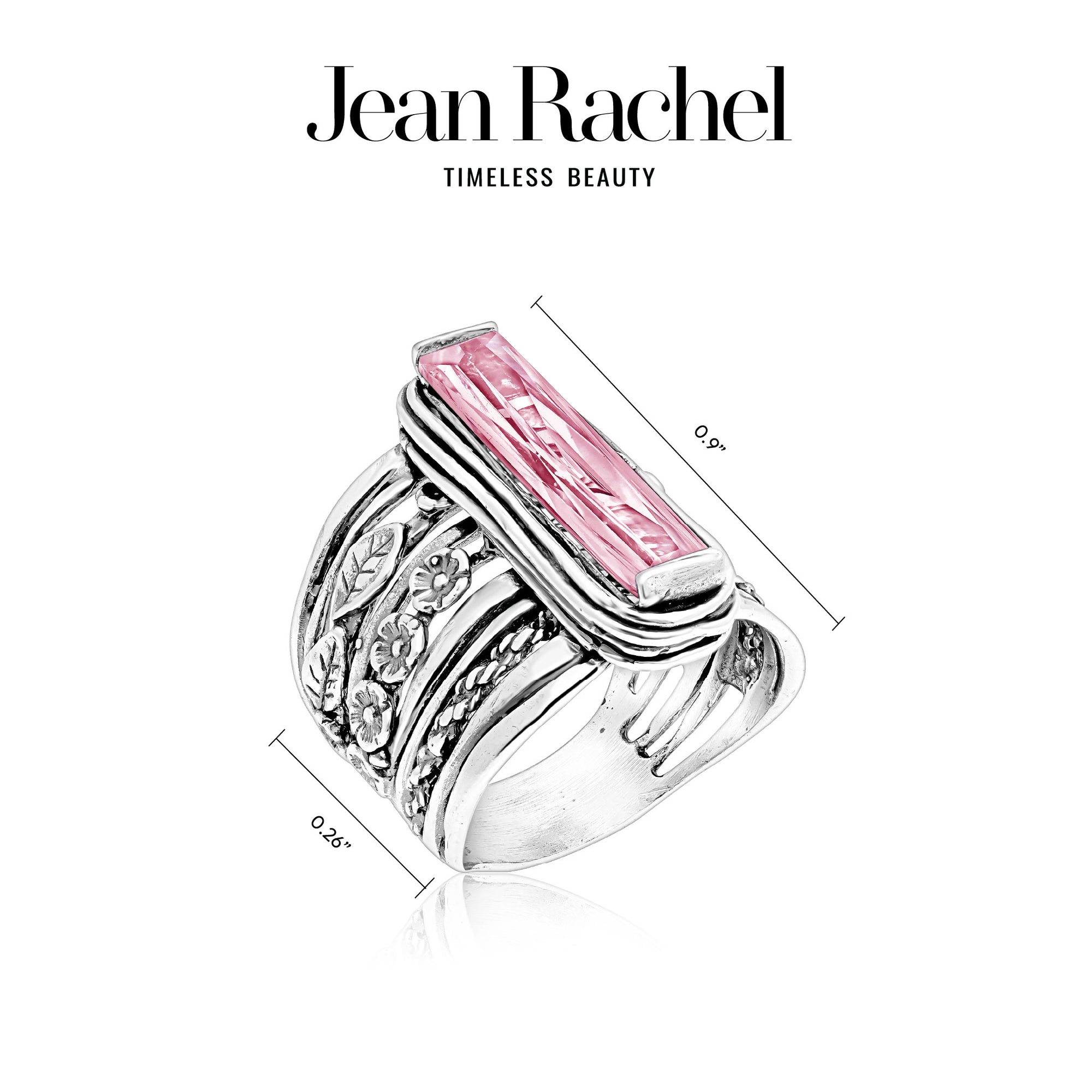 Sterling Silver Baguette Pink CZ Floral Ring