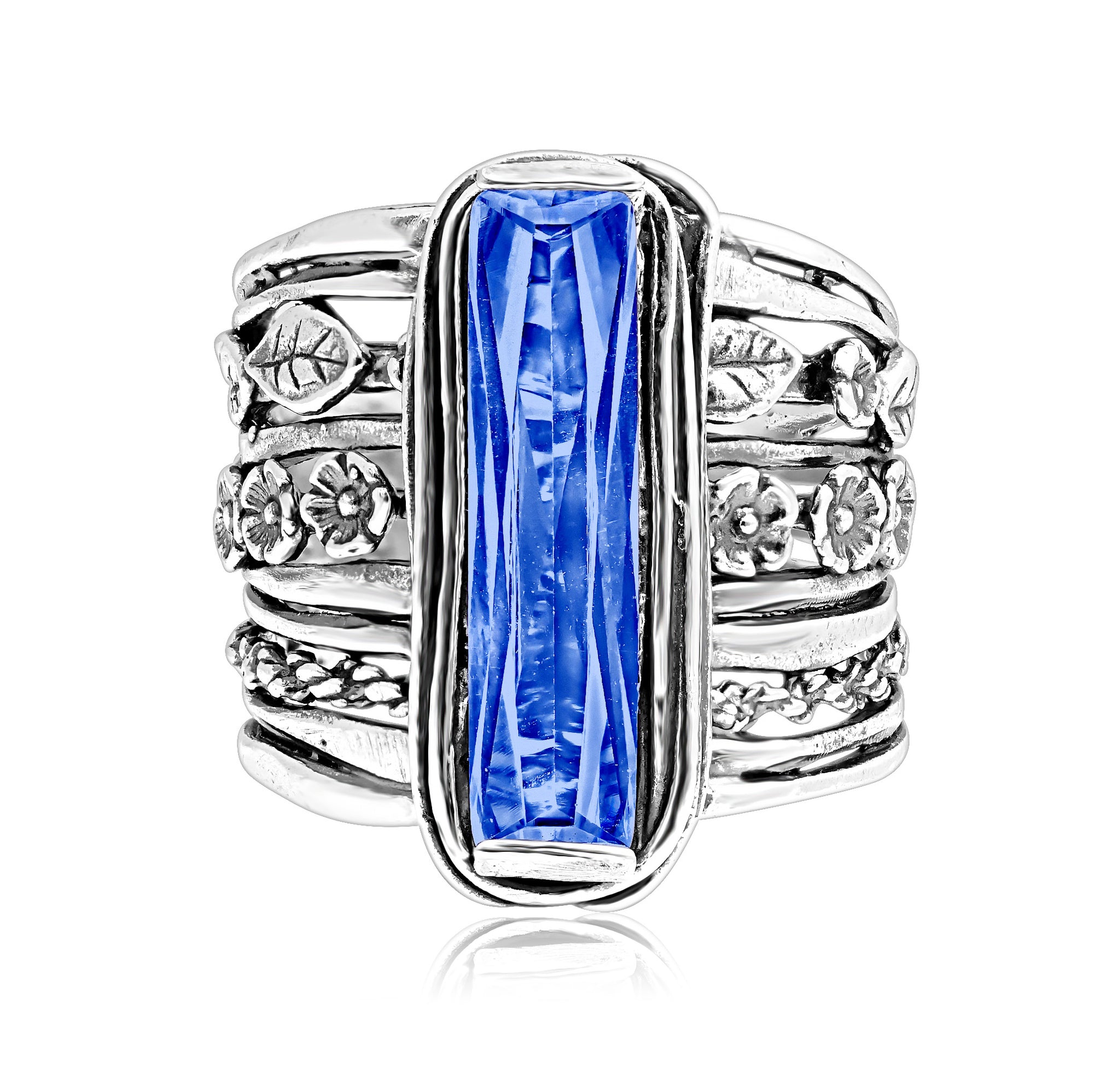 Sterling Silver Baguette Tanzanite CZ Floral Ring