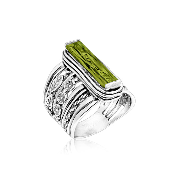 Sterling Silver Baguette Peridot CZ Floral Ring
