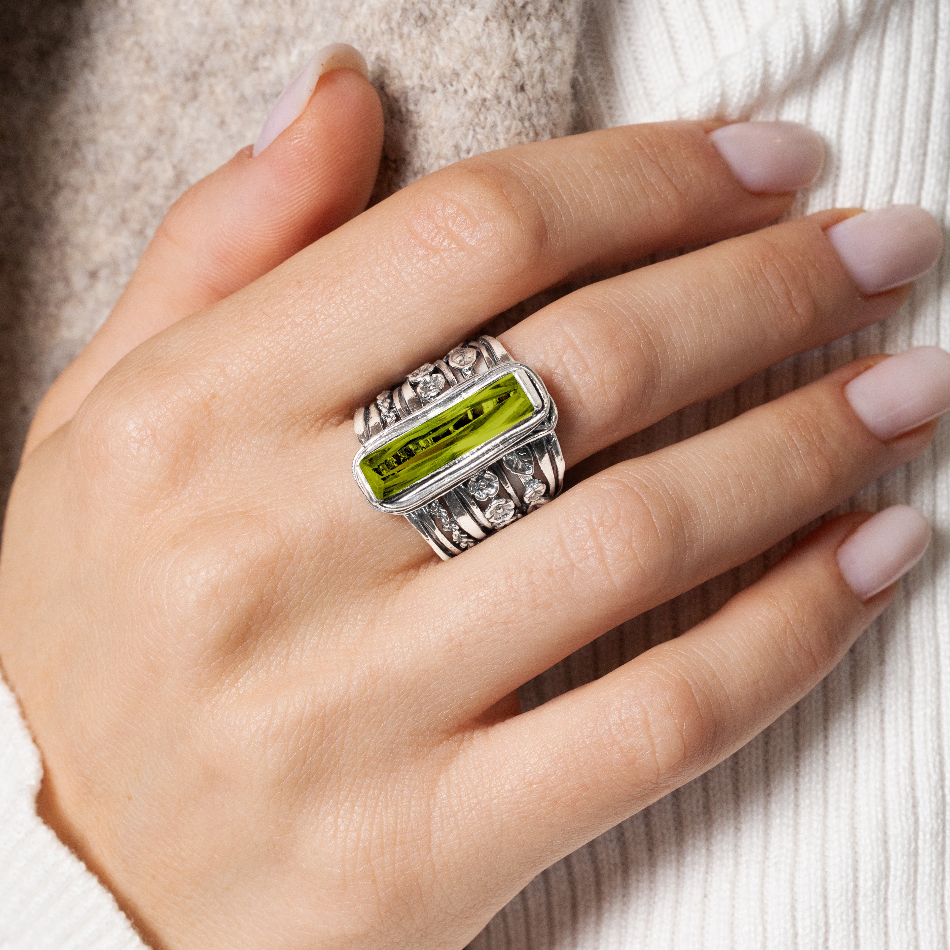 Sterling Silver Baguette Peridot CZ Floral Ring – Jean Rachel Jewelry