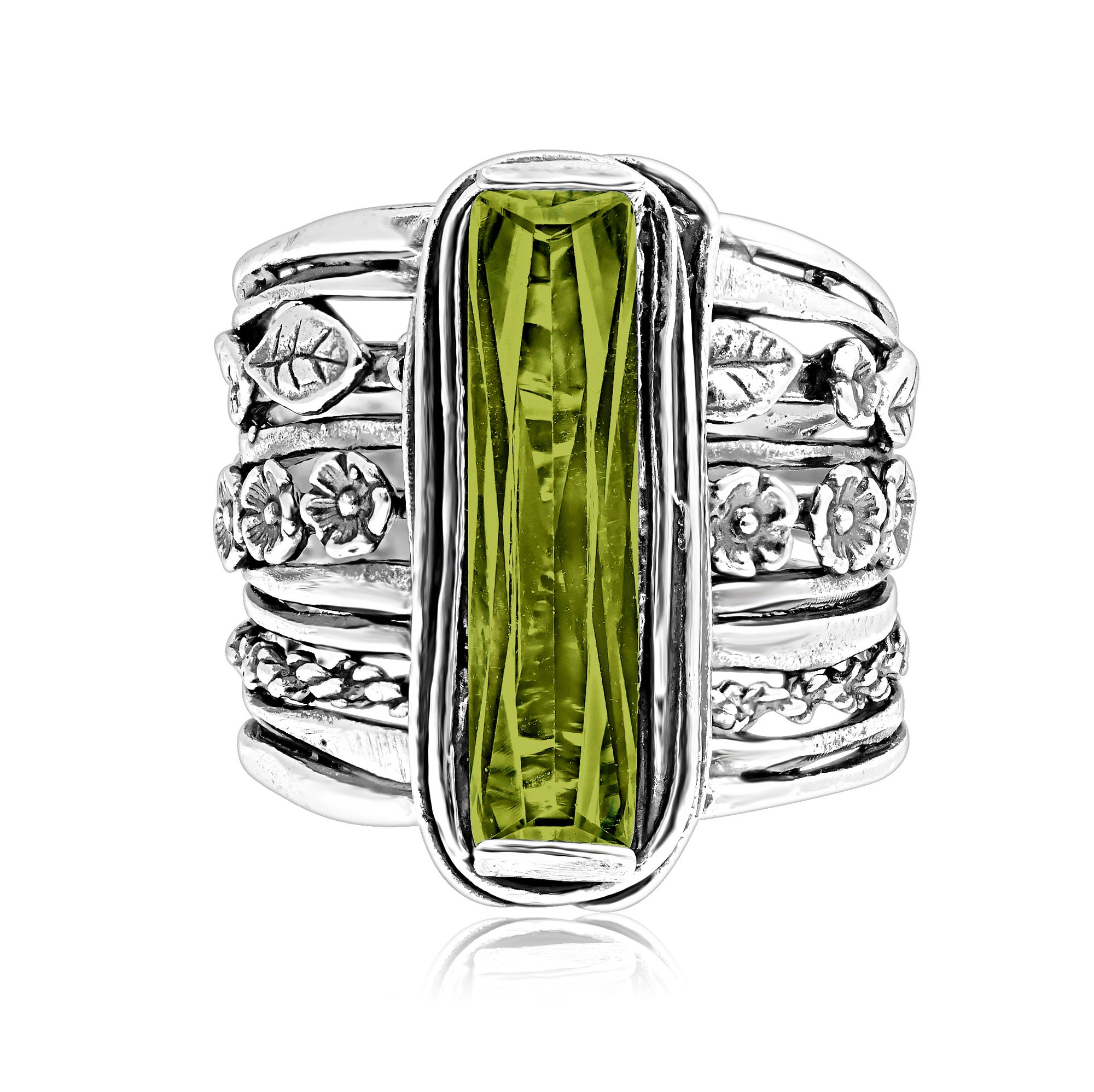 Sterling Silver Baguette Peridot CZ Floral Ring
