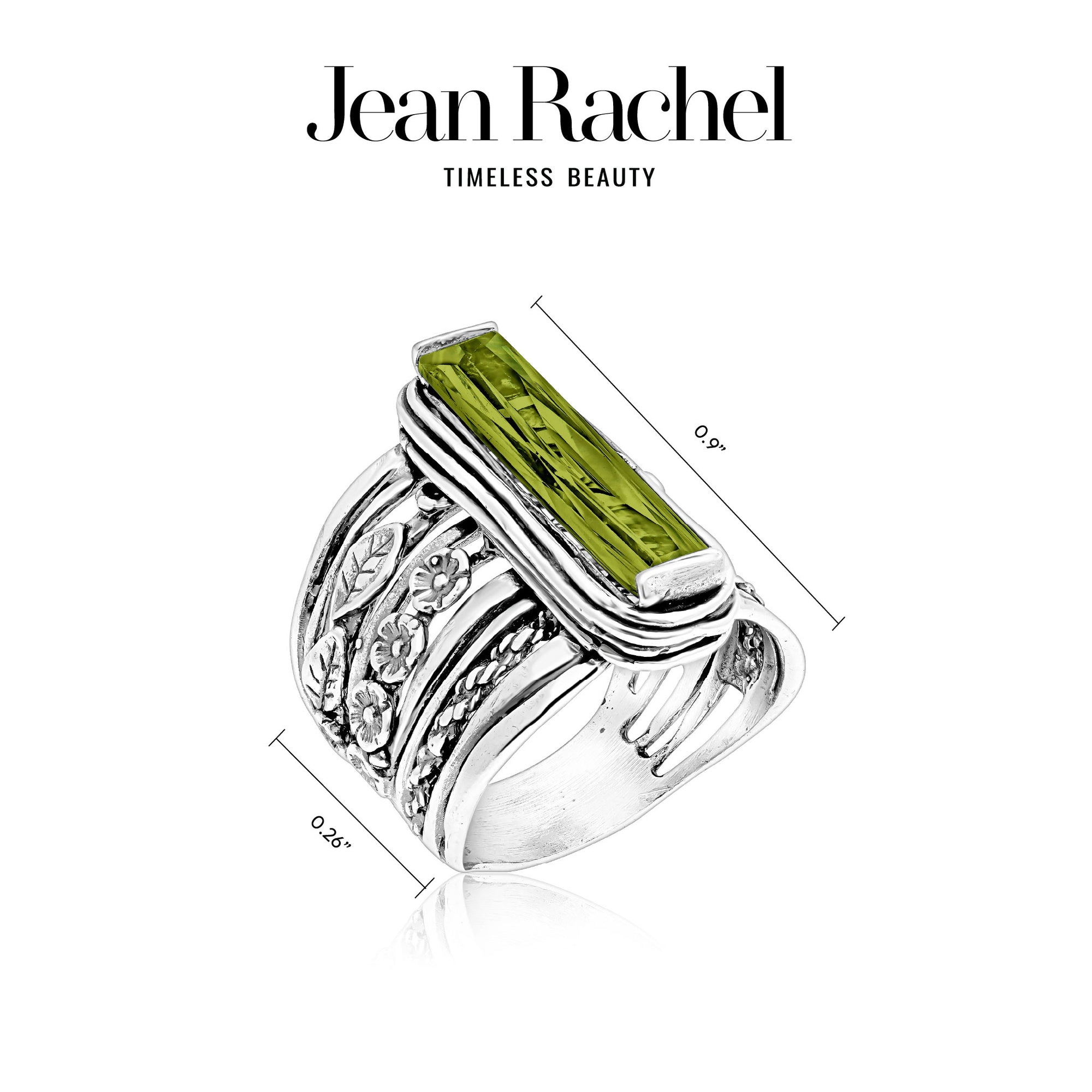 Sterling Silver Baguette Peridot CZ Floral Ring