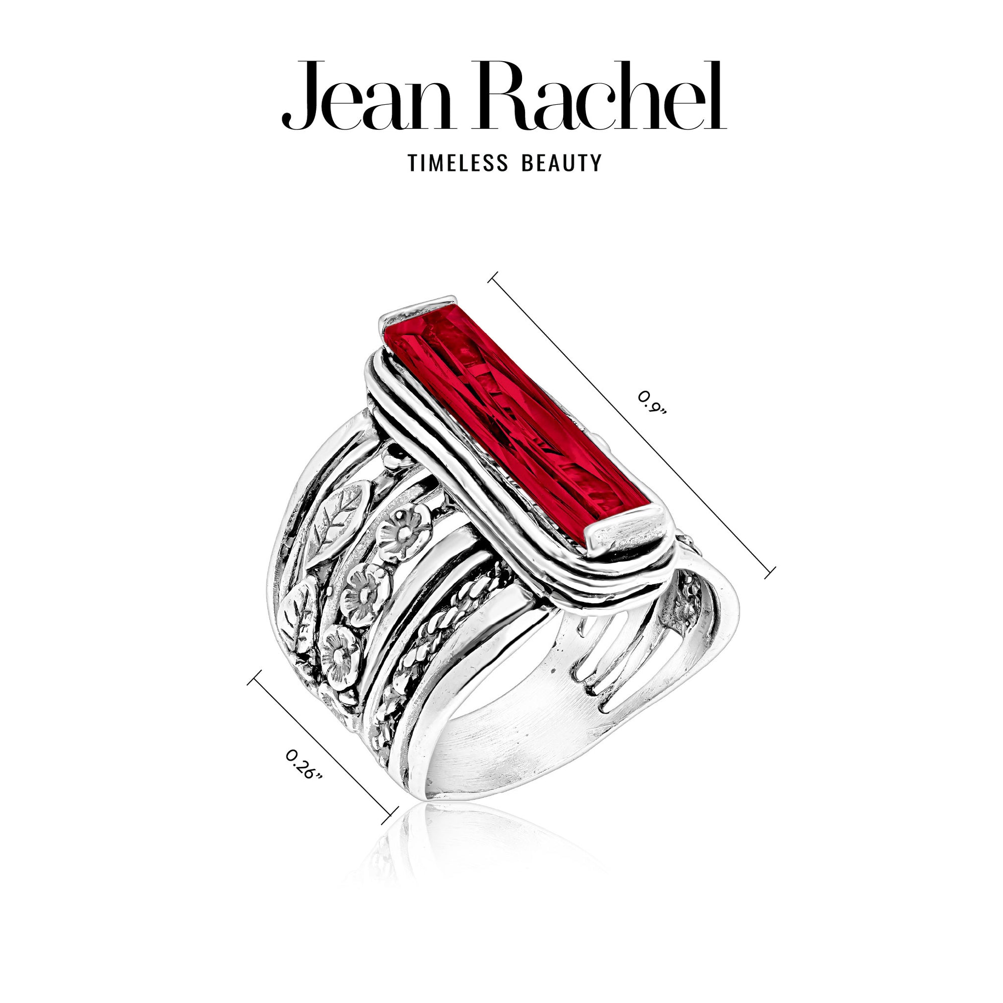 Sterling Silver Baguette Ruby CZ Floral Ring