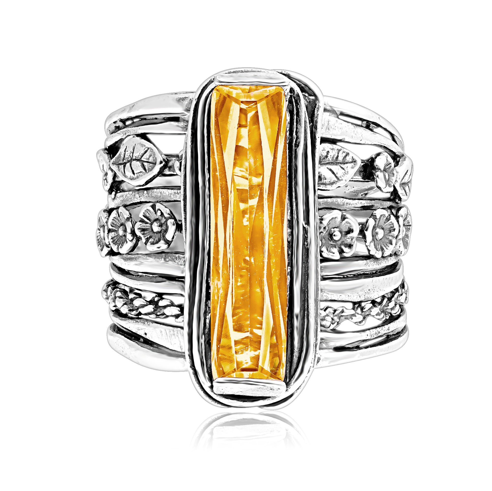 Sterling Silver Baguette Citrine CZ Floral Ring