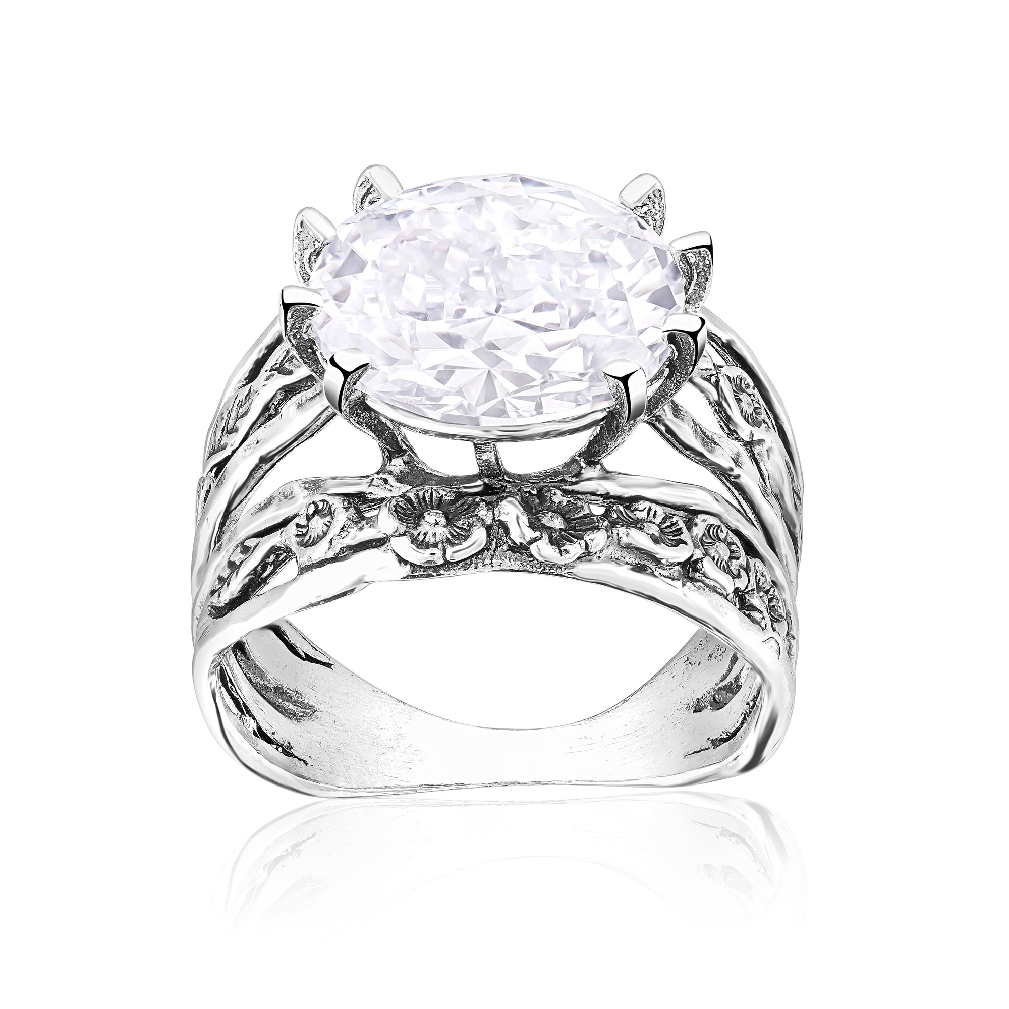 Sterling Silver Oval CZ Floral Ring