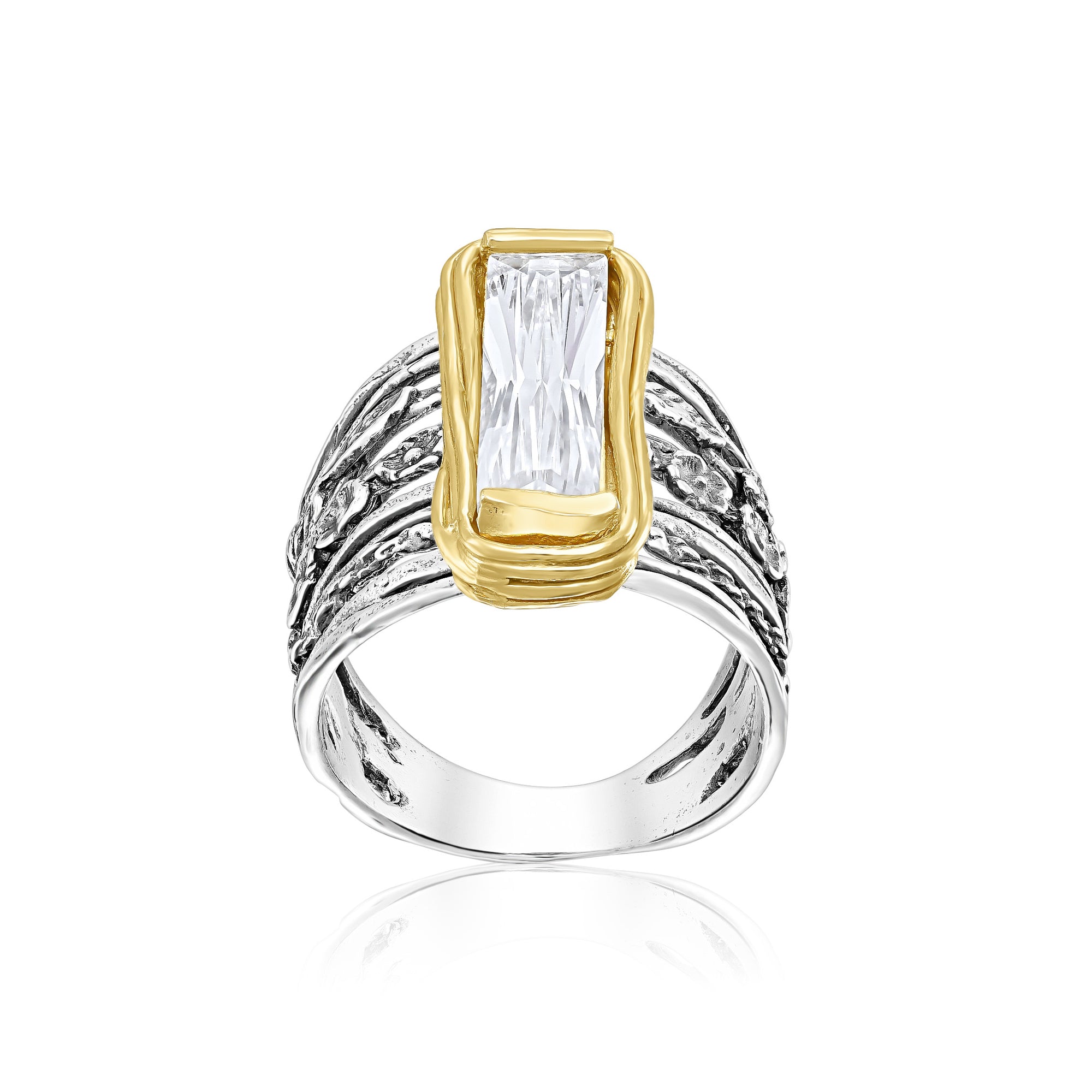 Mixed Metal Baguette CZ Floral Ring