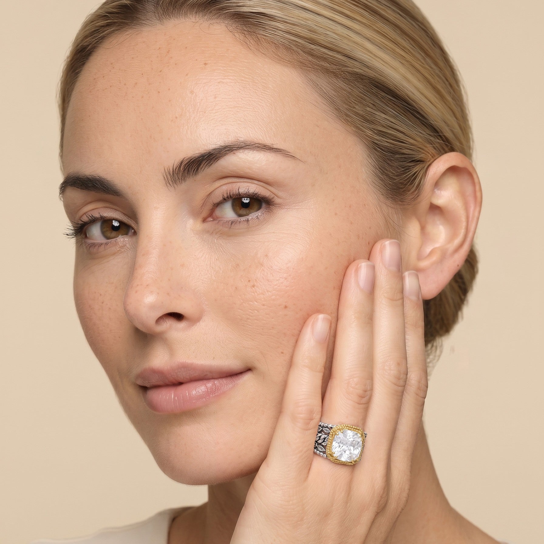Mixed Metal CZ Granule Braid Leaf Ring