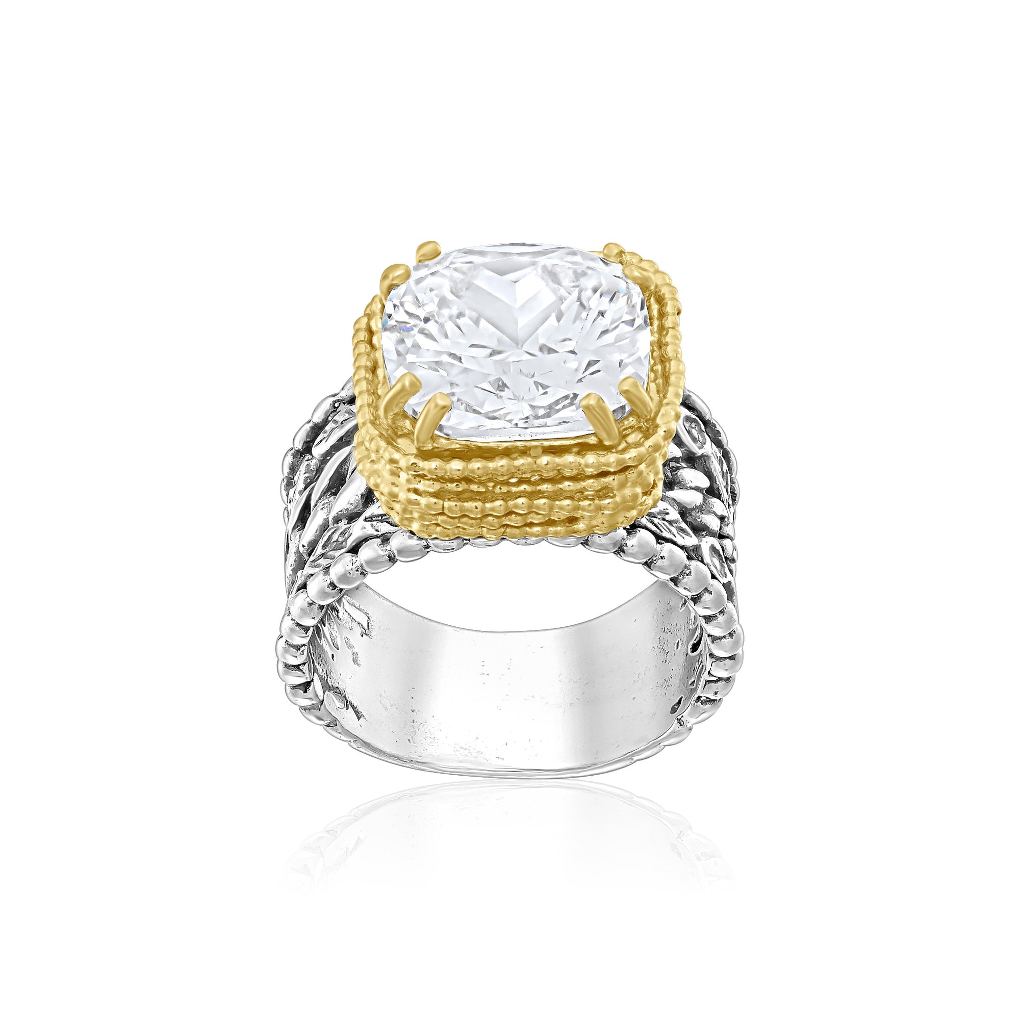 Mixed Metal CZ Granule Braid Leaf Ring