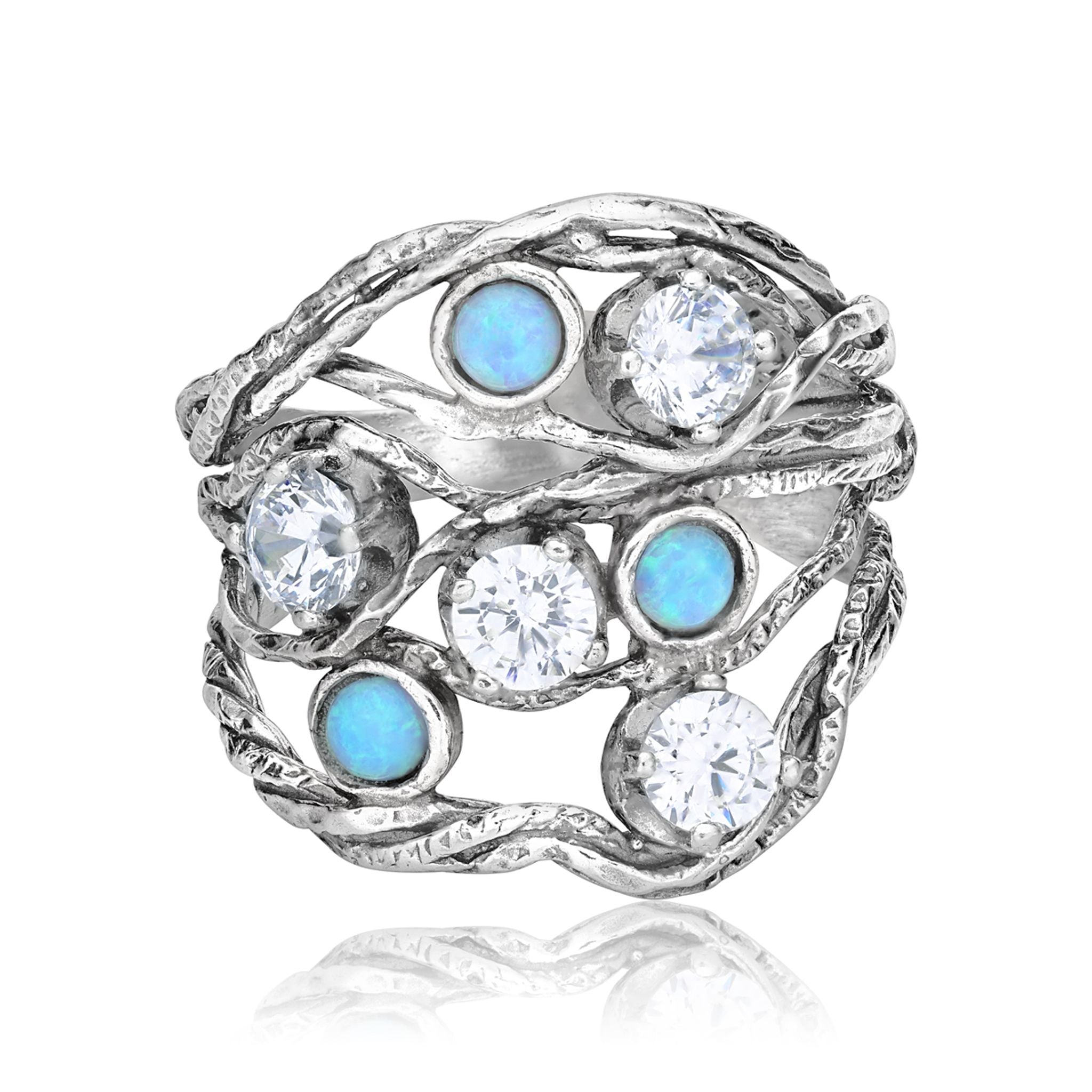 Intricate Sterling Silver Opal and CZ Ring
