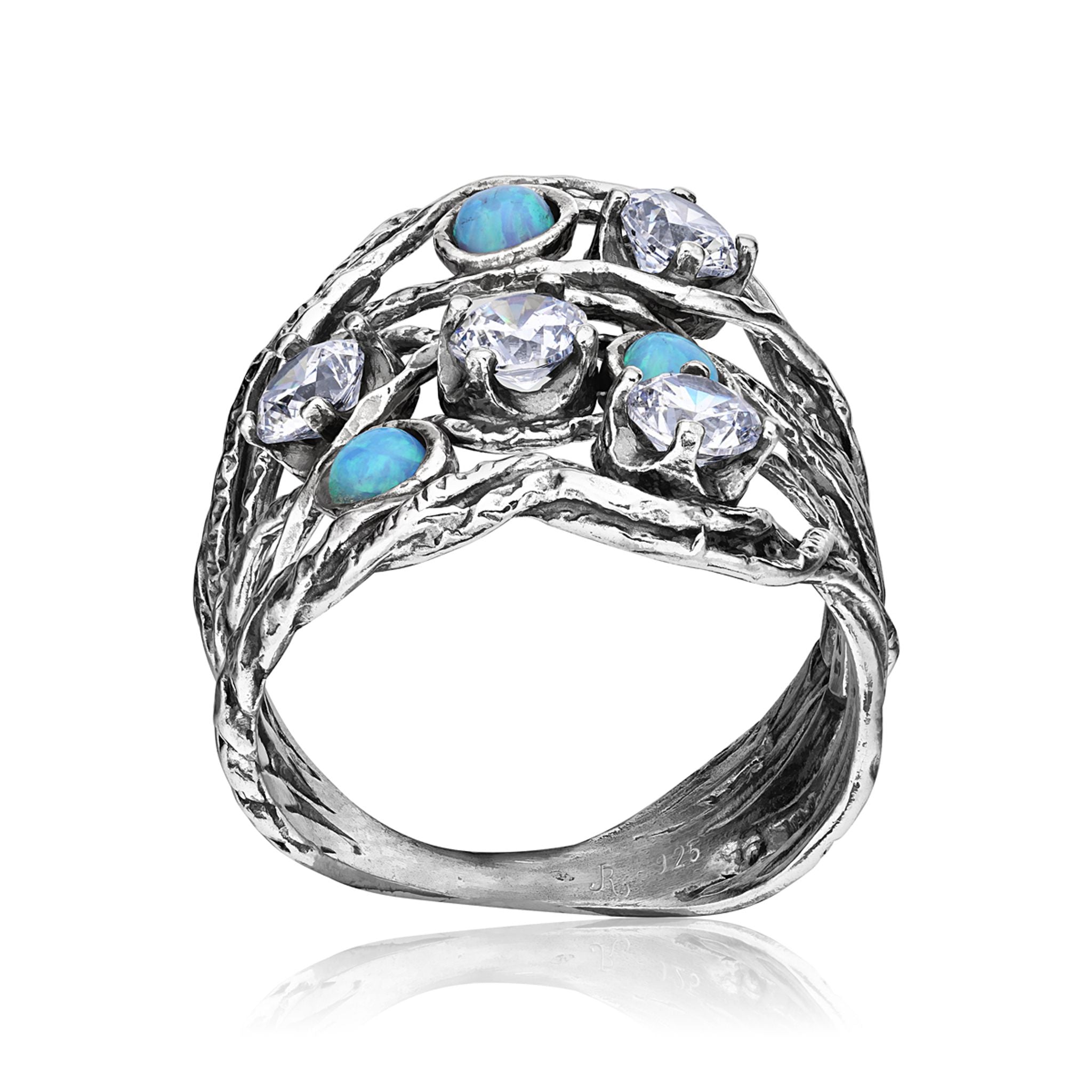 Intricate Sterling Silver Opal and CZ Ring