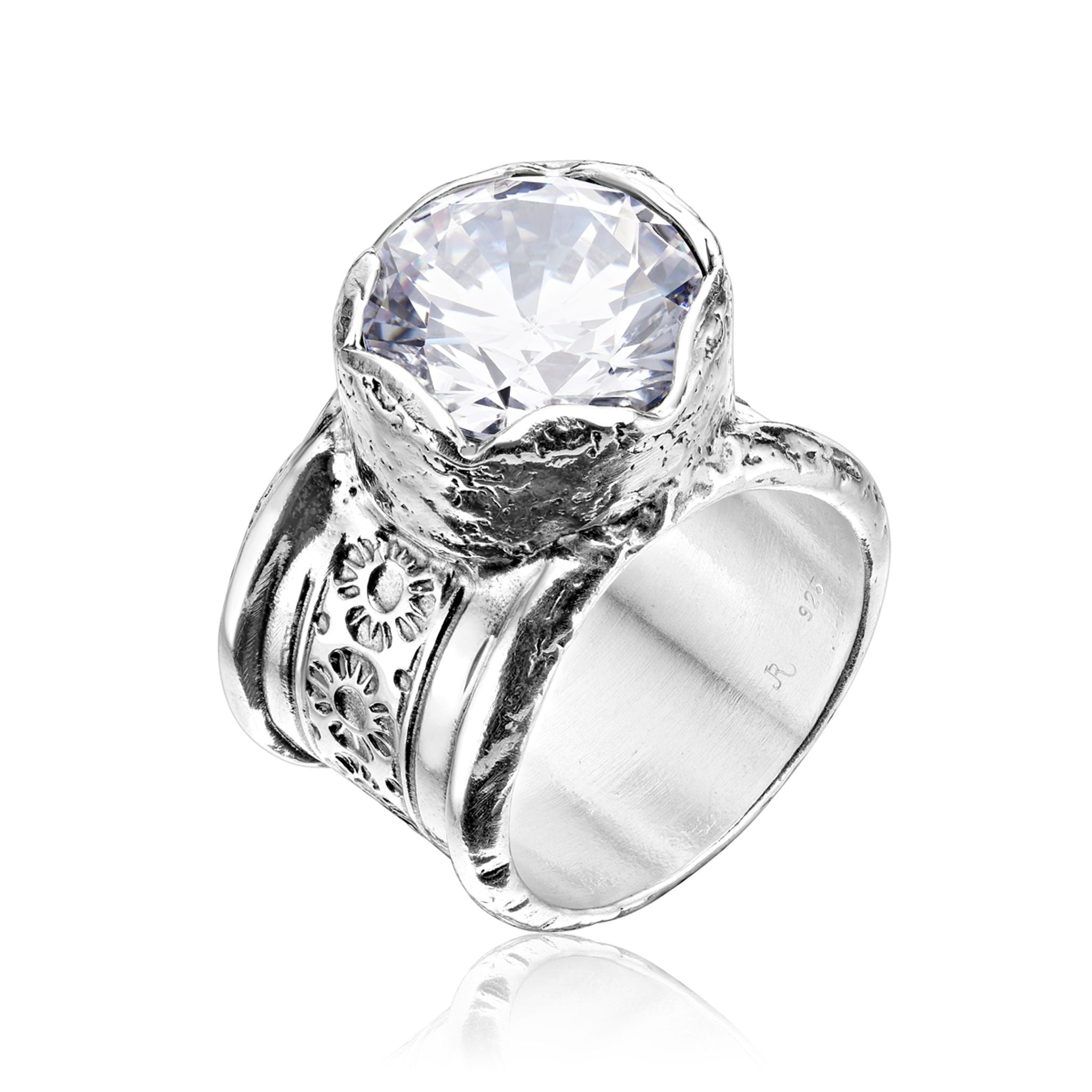 Wide Sterling Silver CZ Floral Ring