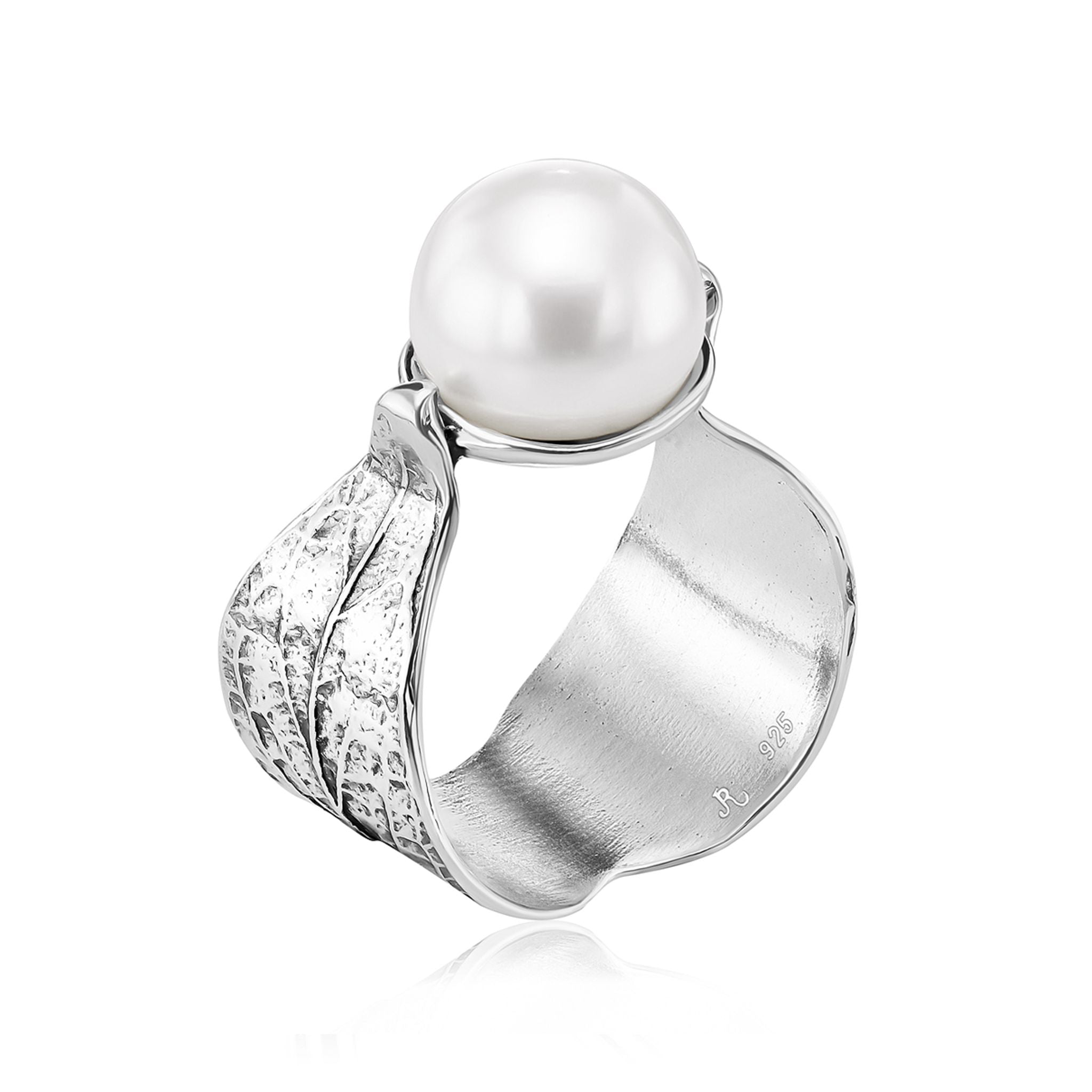 Sterling Silver Pearl Leaf Band Ring