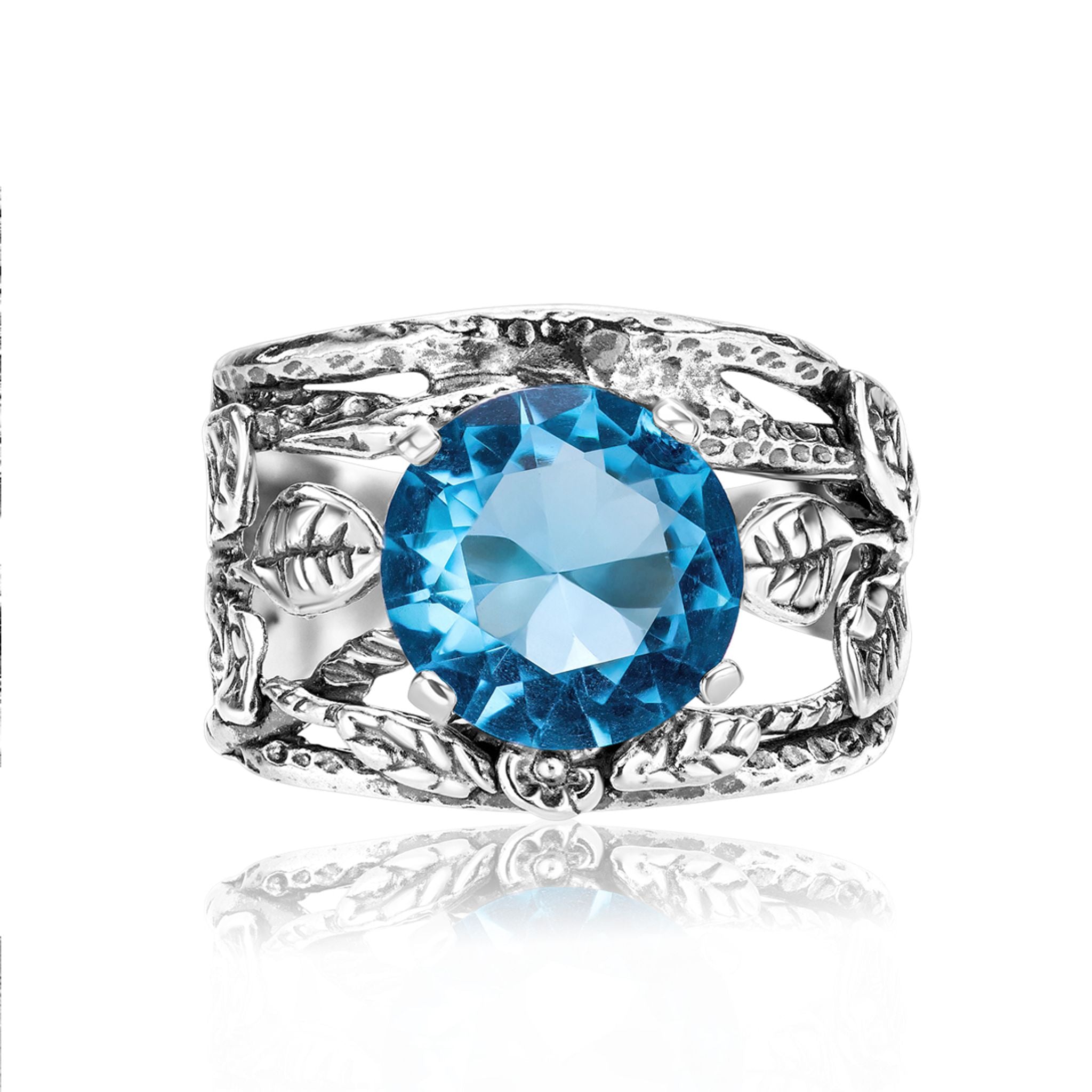 Sterling Silver Blue Crystal Leaf Ring