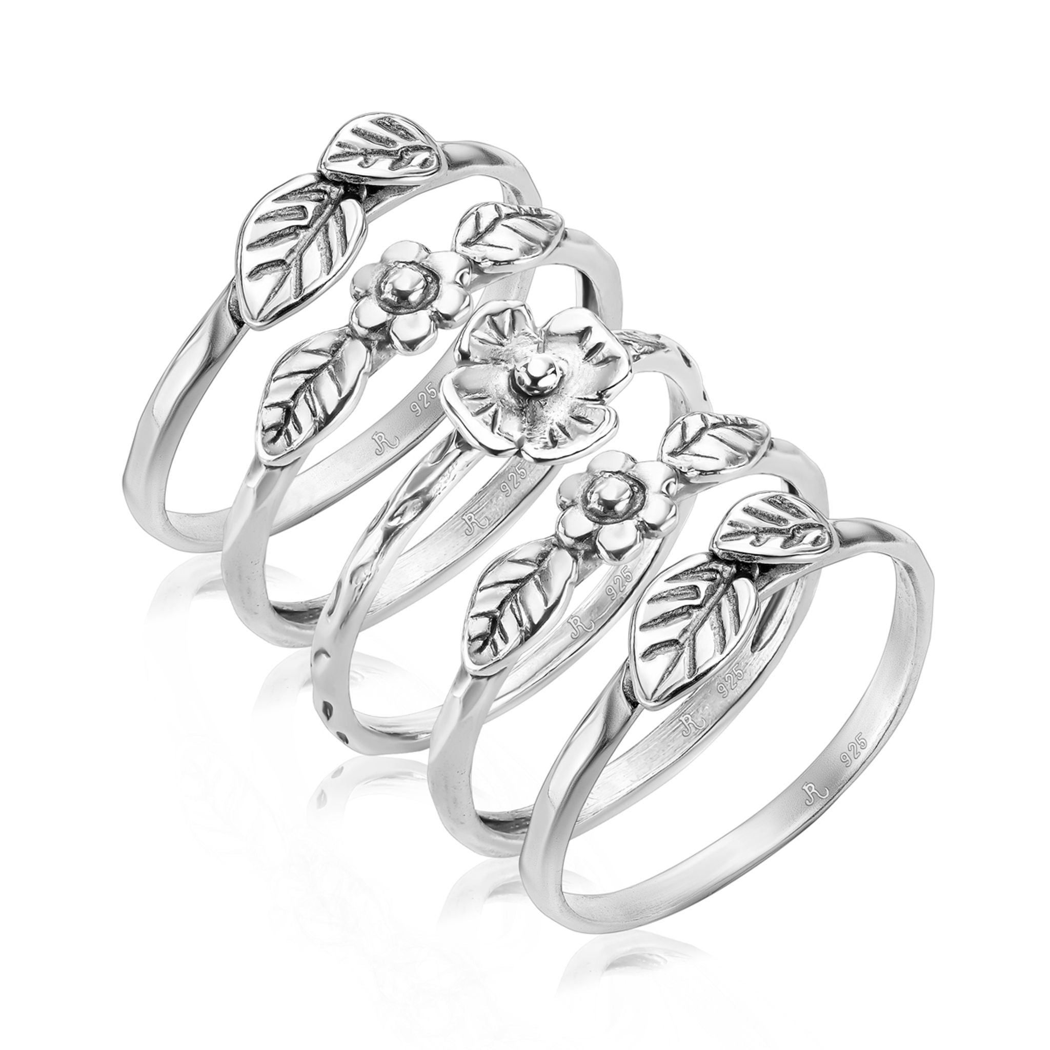 Set of 5 Sterling Silver Floral Stacking Rings