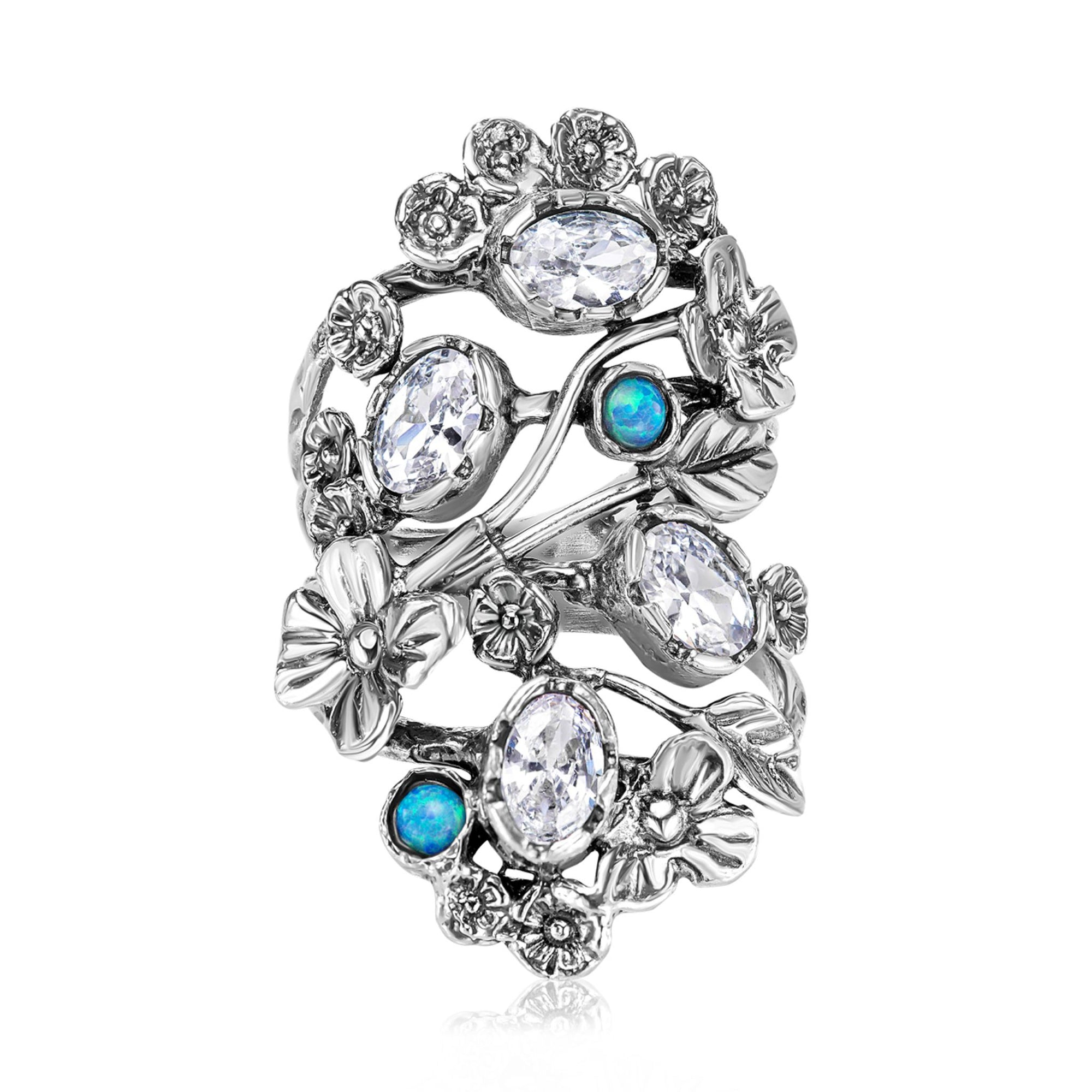 Sterling Silver Floral CZ Opal Ring