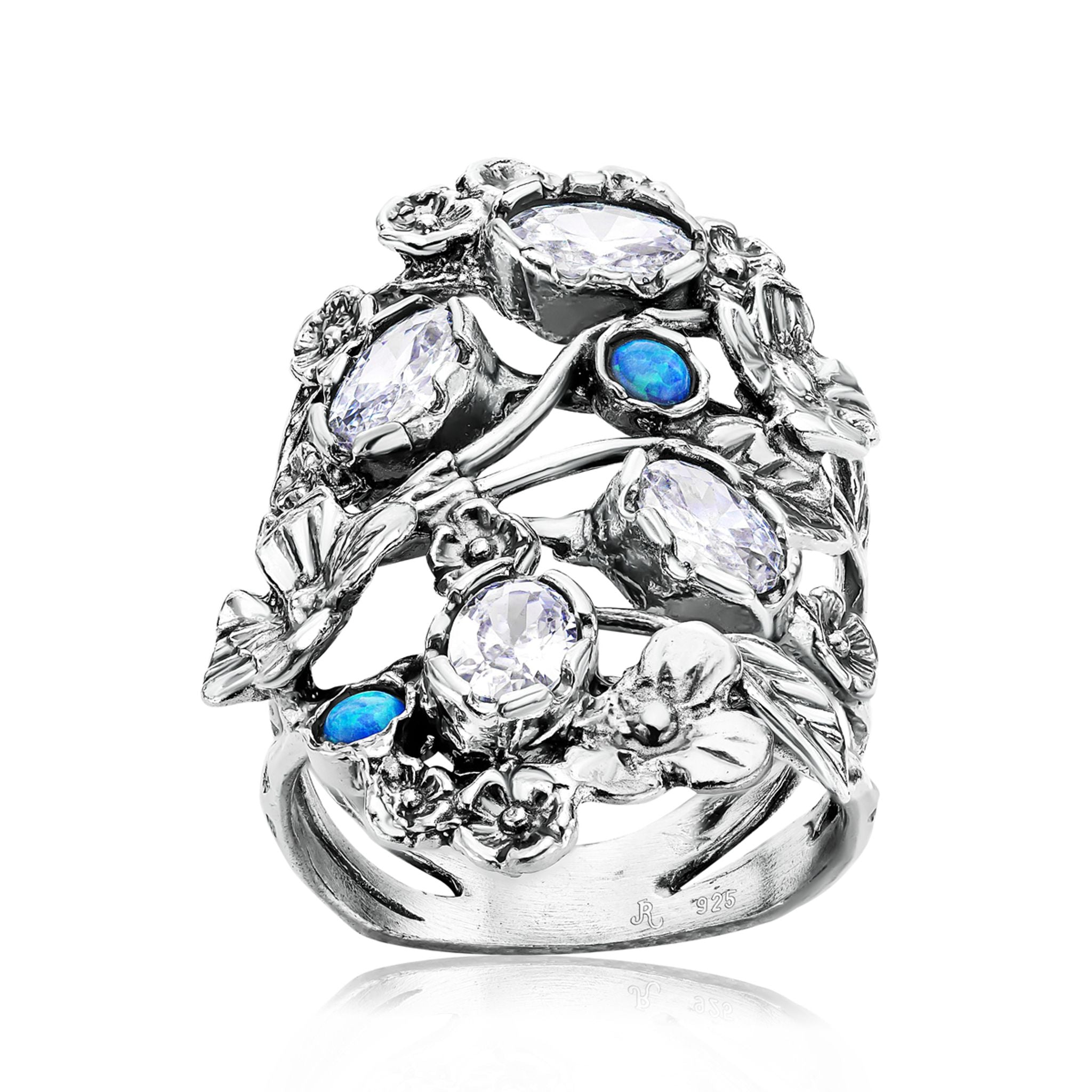 Sterling Silver Floral CZ Opal Ring